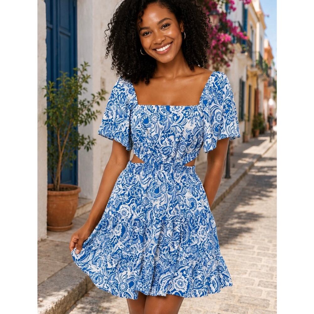 Joress Blue White Floral Paisley Cutout Mini Dress Flutter Bell